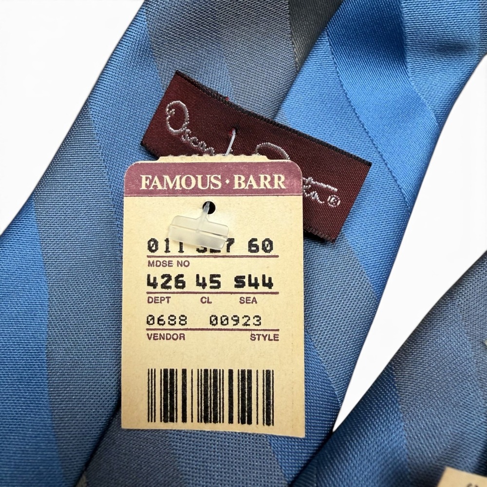 Oscar de la Renta Mens Blue Grey Diagonal Striped Silk Blend Tie Famous-Barr NWT - Picture 5 of 7